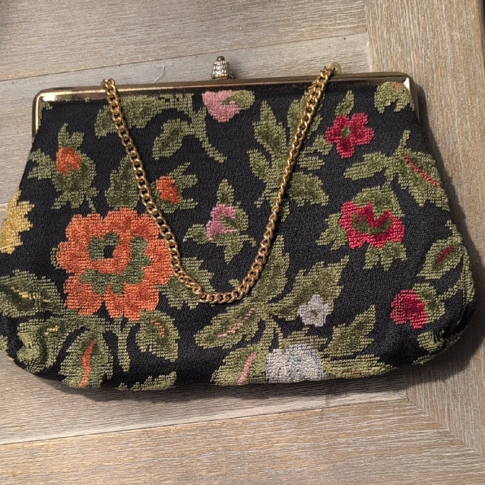 Vintage Floral Tapestry Clutch with Gold Chain